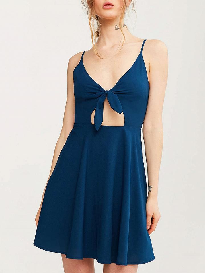Choies Blue V-neck Knot Front Open Belly Spaghetti Strap Mini Dress
