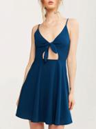 Choies Blue V-neck Knot Front Open Belly Spaghetti Strap Mini Dress