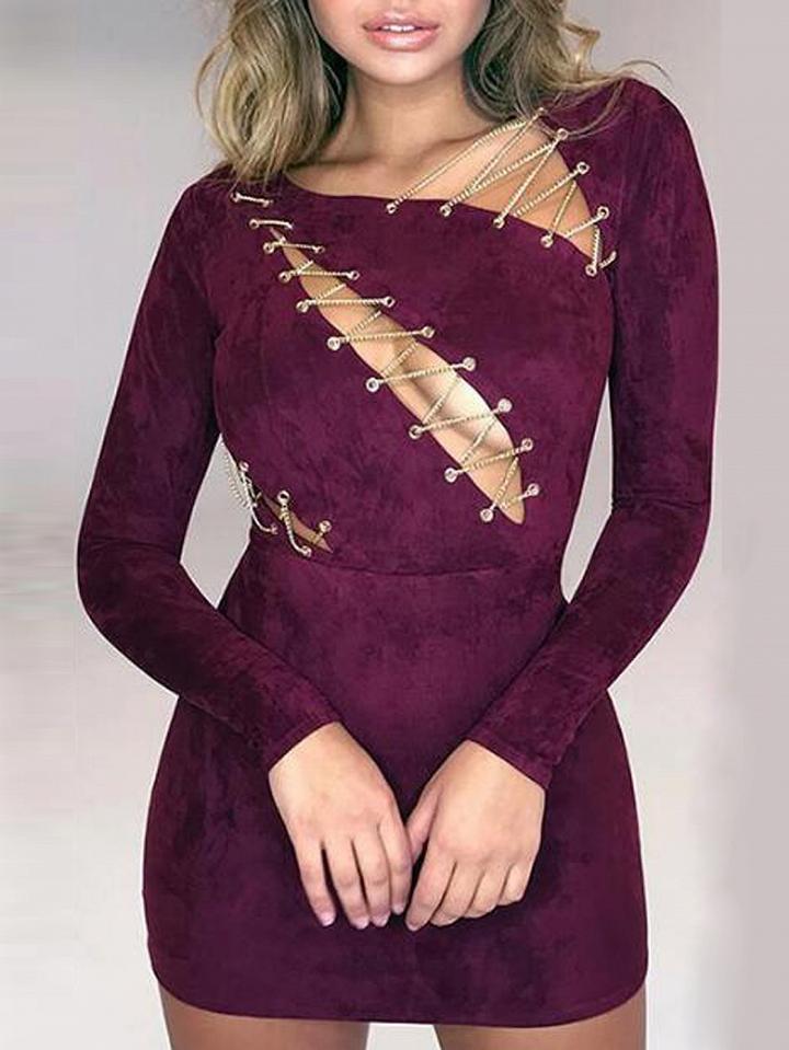 Choies Purple Faux Suede Chain Lace Up Front Long Sleeve Mini Dress