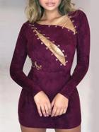 Choies Purple Faux Suede Chain Lace Up Front Long Sleeve Mini Dress