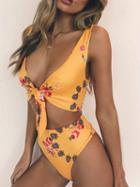 Choies Yellow Nylon Floral Print Chic Women Bikini Top And High Waist Bottom