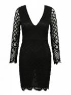 Choies Black Plunge Neck V-shaped Back Sheer Lace Sleeve Bodycon Dress