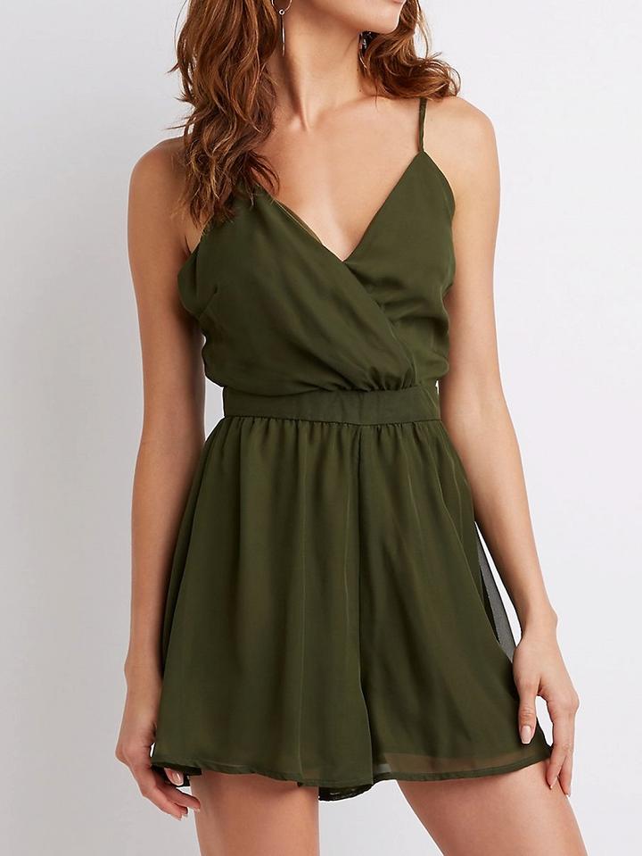 Choies Army Green Chiffon V-neck Open Back Chic Women Cami Mini Dress