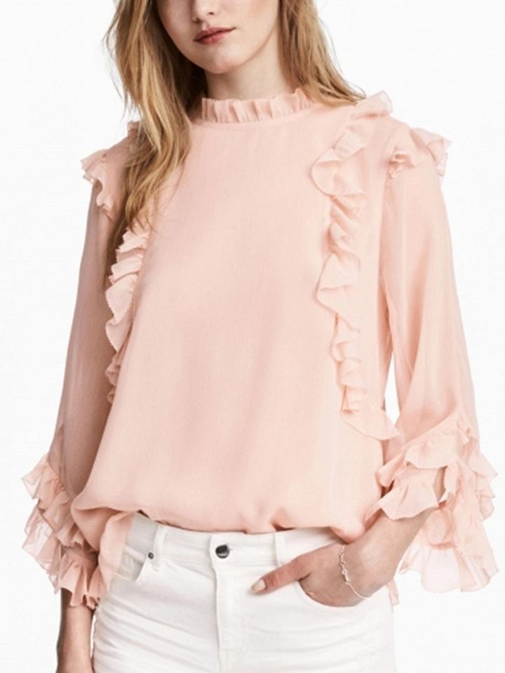 Choies Pink Ruffle Trim Long Sleeve Chiffon Blouse