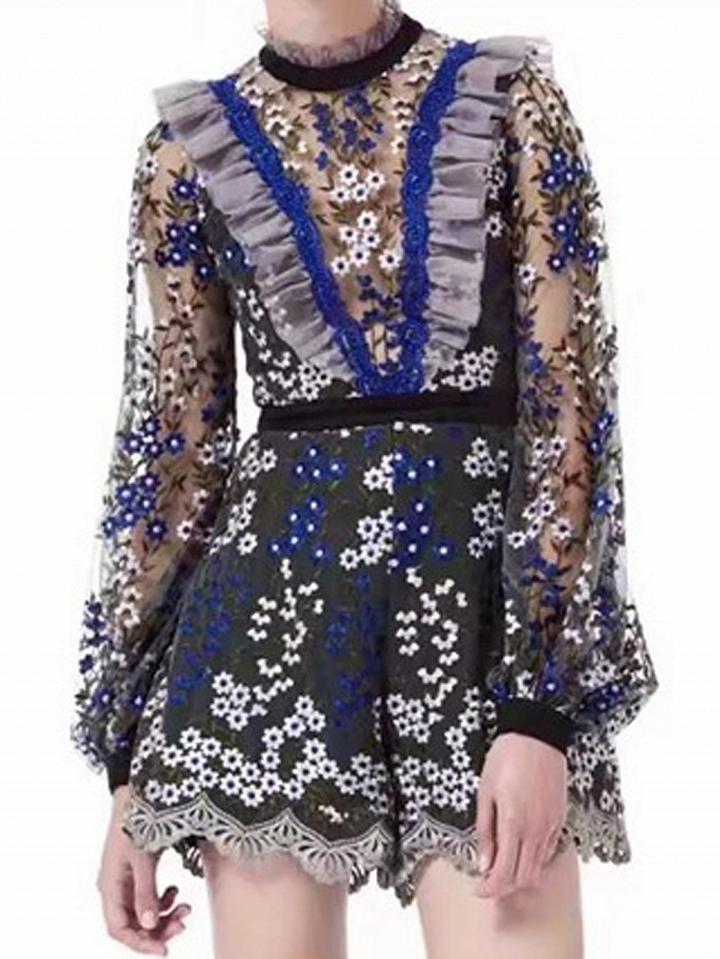 Choies Black Embroidery Floral Ruffle Trim Mesh Romper Playsuit