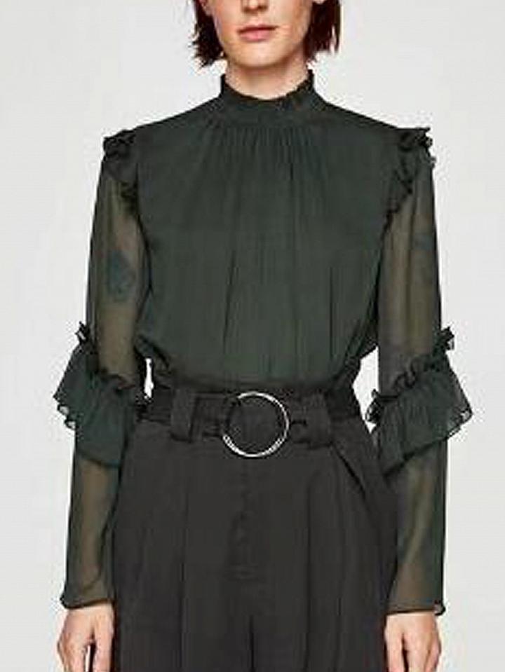 Choies Green High Neck Ruffle Trim Long Sleeve Blouse