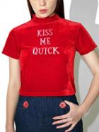 Choies Red Velvet Stand Collar Embroidery Letter T-shirt