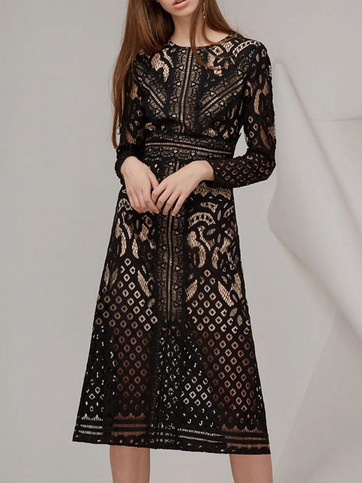 Choies Black Lace Overlay Long Sleeve Midi Dress