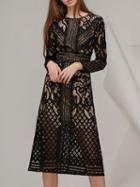 Choies Black Lace Overlay Long Sleeve Midi Dress