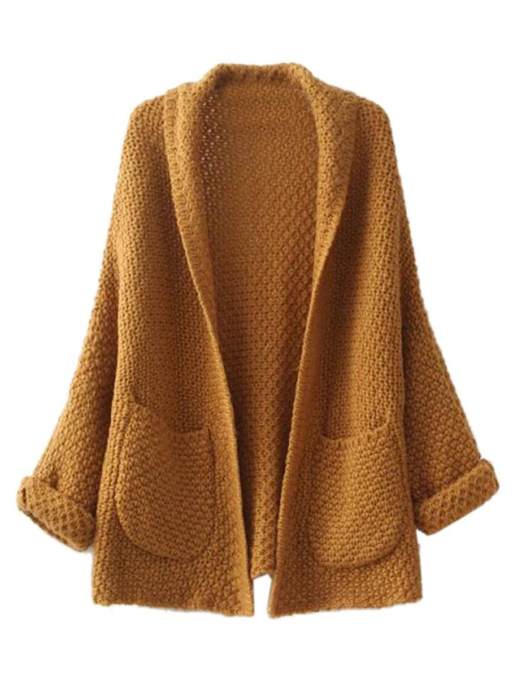 Choies Brown Lapel Pocket Detail Open Front Long Sleeve Knit Cardigan