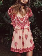 Choies Red Off Shoulder Floral Print Drawstring Detail Mini Dress