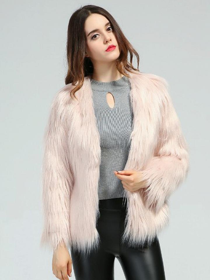 Choies Pink Fluffy Long Sleeve Faux Fur Coat