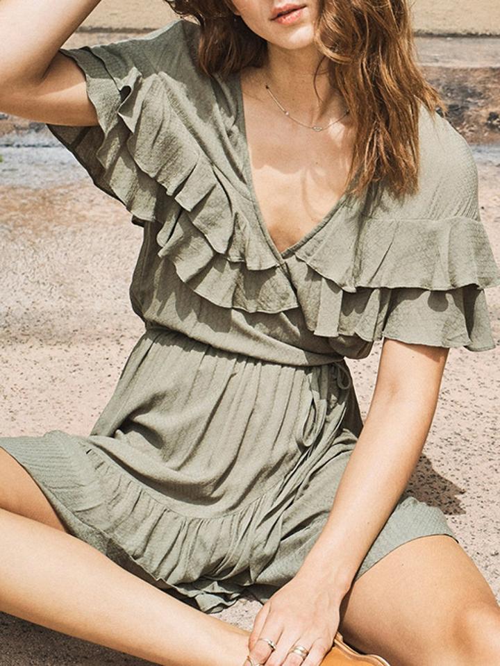 Choies Light Green V-neck Ruffle Trim Chic Women Mini Dress