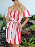 Choies Red Stripe Cotton Off Shoulder Tie Waist Chic Women Mini Dress