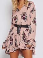 Choies Pink V-neck Tie Front Floral Flare Sleeve Ruffle Hem Mini Dress