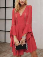 Choies Red V-neck Cut Out Detail Flare Sleeve Dress