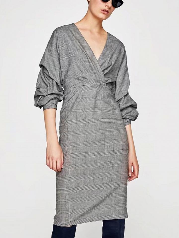 Choies Gray Houndstooth V-neck Ruched Sleeve Dress