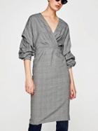 Choies Gray Houndstooth V-neck Ruched Sleeve Dress