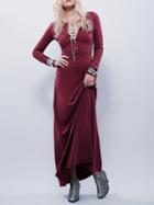 Choies Burgundy Button Placket Long Sleeve Maxi Dress