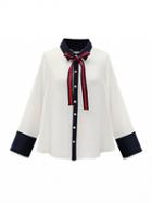 Choies White Bow Tie Collar Contrast Trim Long Sleeve Shirt