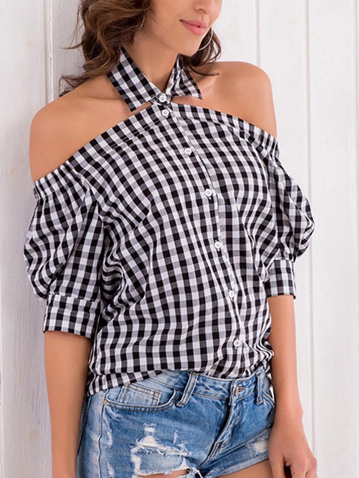 Choies Black Plaid Halter Button Placket Shirt