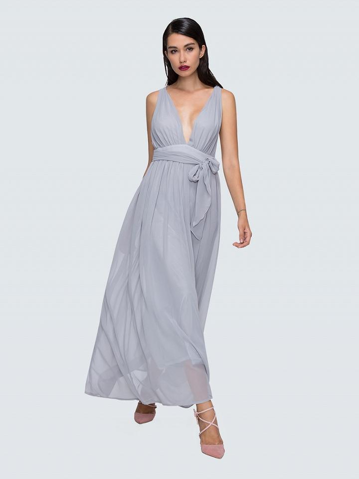 Choies Gray Halter Plunged Font Tie Waist Ruched Maxi Dress