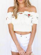 Choies White Off Shoulder Embroidery Detail Frill Trim Crop Top