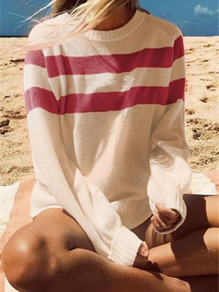 Choies Hot Pink Stripe Panel Long Sleeve Chic Women Sweater