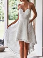Choies White V-neck Cross Strap Back Lace Hi-lo Dress