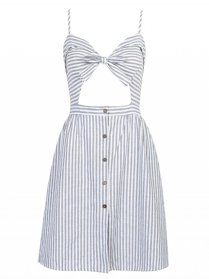 Choies Blue Stripe Print Knotted Front Cut Out Detail Cami Dress