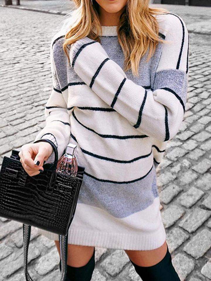 Choies White Stripe Contrast Panel Long Sleeve Knit Mini Dress