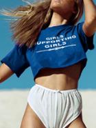 Choies Blue Cotton Crew Neck Letter Print Chic Women Crop T-shirt