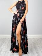 Choies Black Halter Floral Print Tied Strappy Back Split Maxi Dress