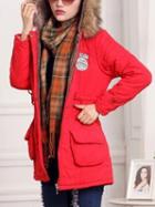 Choies Red Drawstring Patch Detail Faux Shearling Lining Hooded Coat