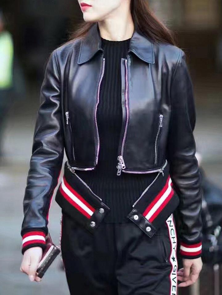 Choies Black Leather Look Pointed Collar Zipper Contrast Trim Biker Jacket