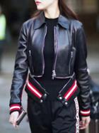 Choies Black Leather Look Pointed Collar Zipper Contrast Trim Biker Jacket