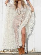 Choies White V-neck Mesh Panel Lace Maxi Dress