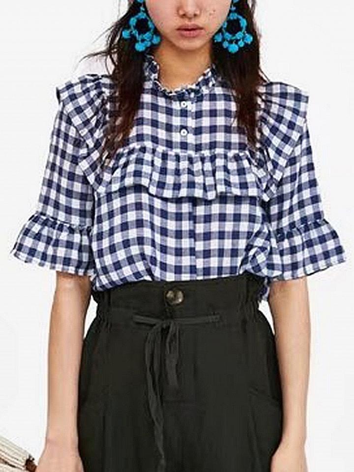 Choies Black Plaid Frill Trim Blouse