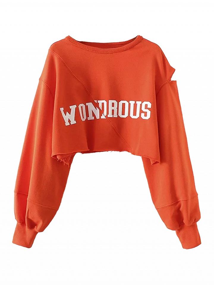 Choies Orange Letter Print Cut Out Long Sleeve Cropped Sweatshirt