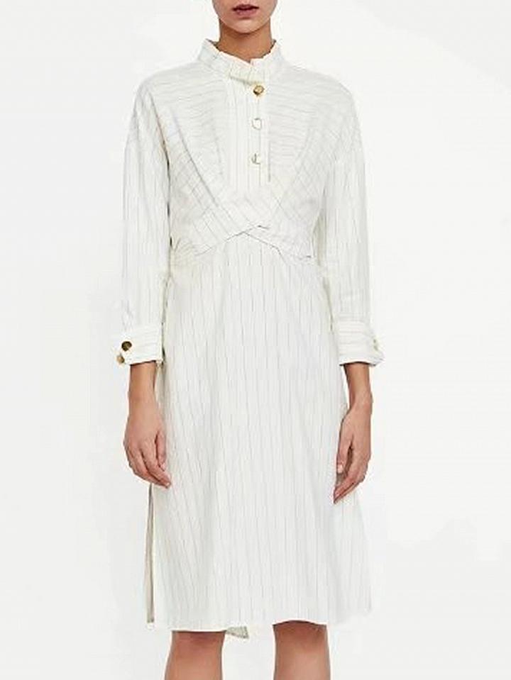 Choies White Stripe Stand Collar Tie Back Long Sleeve Dress