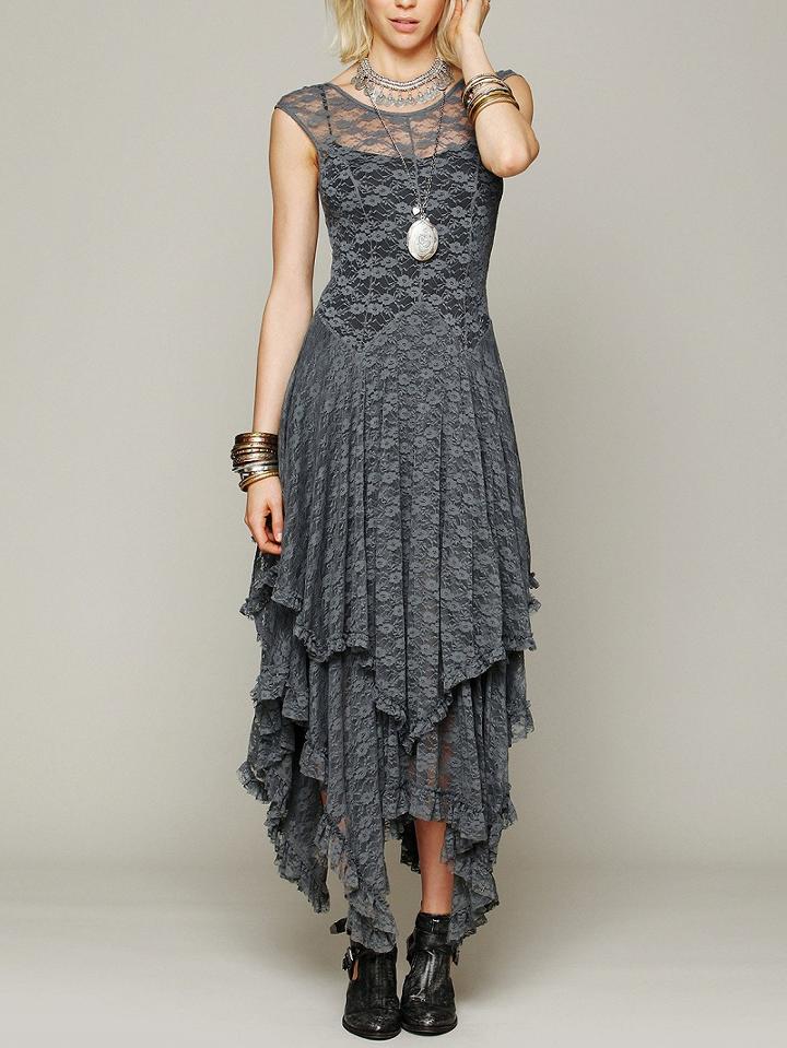 Choies Gray Asymmetric Hem Open Back Lace Dress