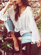 Choies White V-neck Button?placket?front Long Sleeve Chic Women Blouse