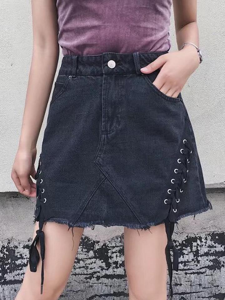 Choies Black High Waist Eyelet Lace Up Side Raw Hem Denim Skirt