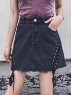 Choies Black High Waist Eyelet Lace Up Side Raw Hem Denim Skirt