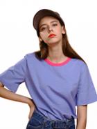 Choies Purple Contrast Neckline Striped Short Sleeve T-shirt