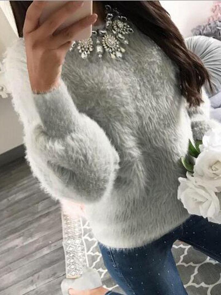 Choies Gray Faux Fur Long Sleeve Sweatshirt