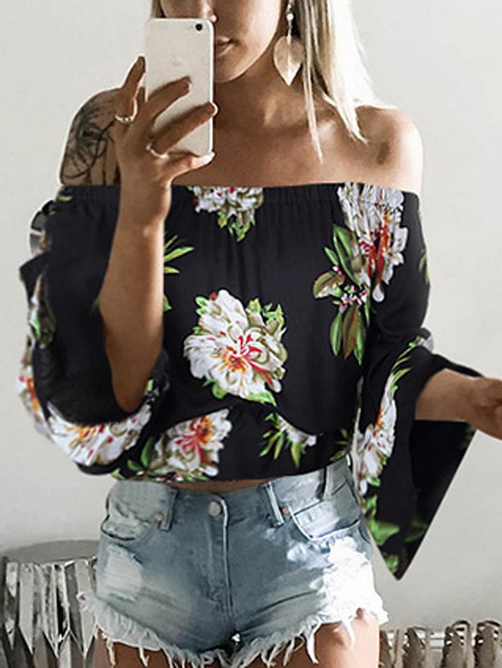 Choies Black Off Shoulder Print Detail Long Sleeve Blouse