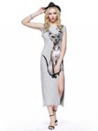 Choies Gray Cat Print Split Tank Midi Dress
