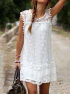 Choies White Crochet Lace Pom Pom Trim Sleeveless Shift Dress