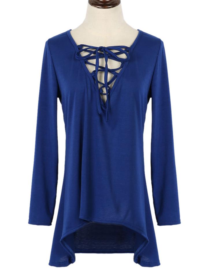 Choies Blue Plunge Lace Up Front Long Sleeve Hooded T-shirt